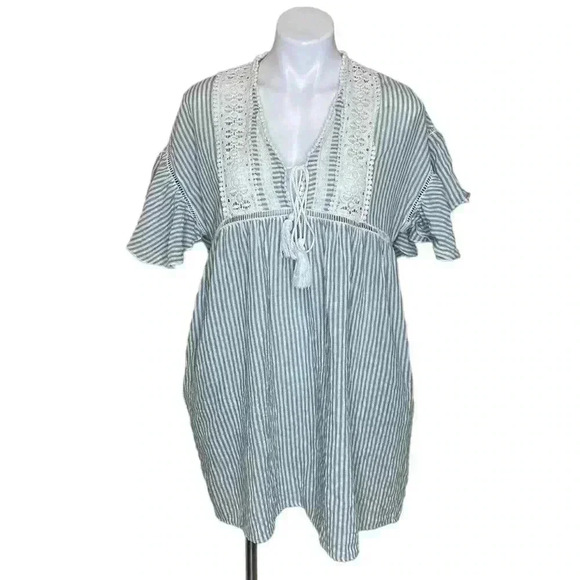Cottage core Umgee flutter sleeve stripe tassel tie tunic dress top size large - Picture 1 of 5
